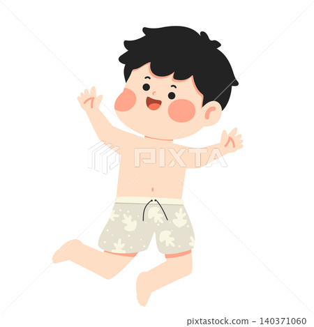 Boy Jumping in Swim Trunks Happily Boy Jumping in Swim Trunks Happily 140371060