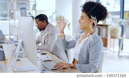 Business woman, video call and wave at computer in office for meeting, webinar or communication. African professional, smile and hello in online conference, welcome or agent greeting in zoom chat 140371169