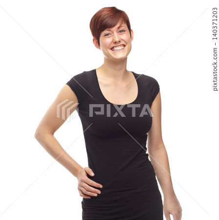 Fashion, portrait and a happy woman with confidence in studio isolated on a white background. Trendy model, smile and female person in casual clothes, outfit and stylish shirt in Sweden on a backdrop Fashion, portrait and a happy woman with confidence in studio isolated on a white background. Trendy model, smile and female person in casual clothes, outfit and stylish shirt in Sweden on a backdrop 140371203