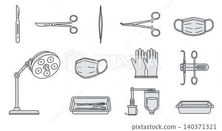 Surgical and operating room medical equipment icon set for clinical procedures with surgical instrument hospital operating scissors equipment procedure healthcare clinical operation sanitary 140371321