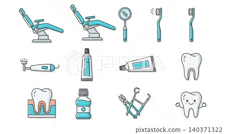 Comprehensive dental care and dentistry clinic equipment icon collection with dentistry toothbrush toothpaste mouthwash treatment instrument brushing preventive orthodontic professional 140371322
