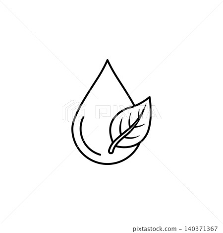 Minimalist water drop with a leaf inside line art icon. Isometric outline symbol for clean water conservation, eco hydration, and liquid purification Minimalist water drop with a leaf inside line art icon. Isometric outline symbol for clean water conservation, eco hydration, and liquid purification 140371367