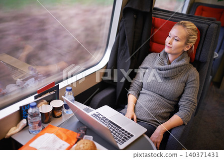 Woman, train and window thinking with laptop on travel journey in Canada or future destination, thoughts or network. Female person, wandering and railroad transportation or relax, internet or commute 140371431
