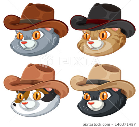 Cartoon Cat Faces Wearing Cowboy Hats Vector Set Cartoon Cat Faces Wearing Cowboy Hats Vector Set 140371487