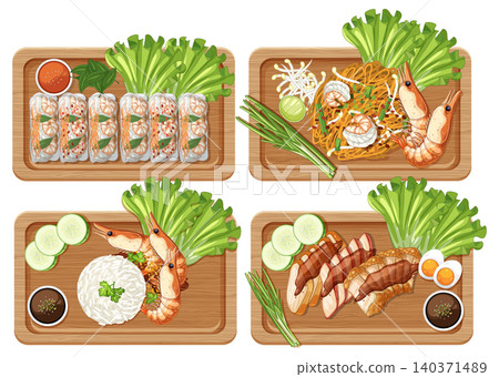 Asian Cuisine Platters with Shrimp, Rice, and Fresh Vegetables 140371489