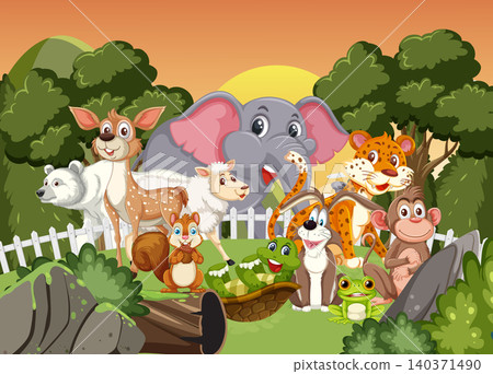 Group of Cartoon Jungle Animals in Forest at Sunset 140371490