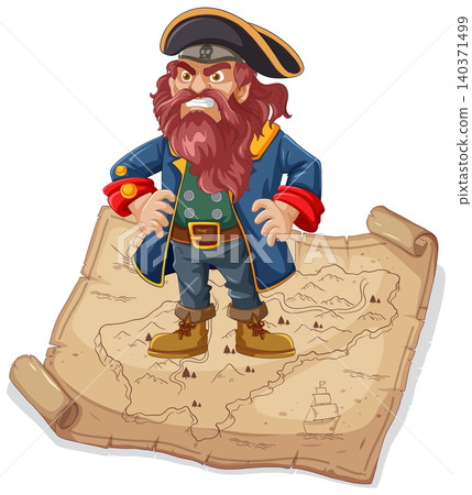 Angry Pirate Standing on Treasure Map Illustration Angry Pirate Standing on Treasure Map Illustration 140371499