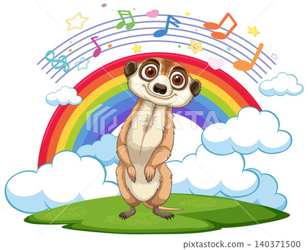 Cute Cartoon Meerkat Standing on Grass with Rainbow and Music Notes 140371500