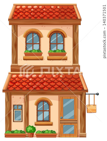 Two-Story Cartoon House With Red Tiled Roof 140371501
