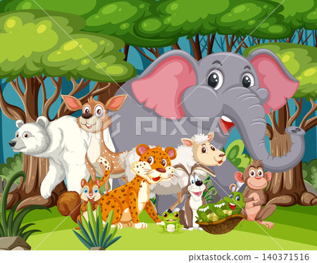 Group of Cartoon Jungle Animals in Forest Setting 140371516