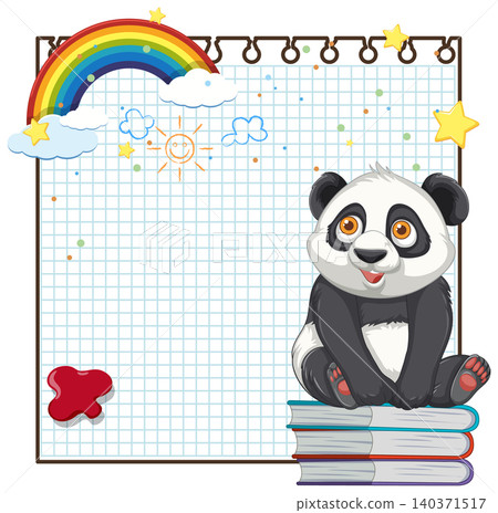 Cute Panda Sitting on Books with Rainbow Notebook Background Cute Panda Sitting on Books with Rainbow Notebook Background 140371517