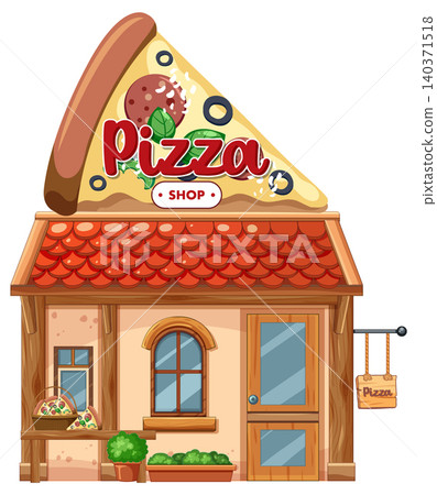 Cartoon Pizza Shop With Slice Roof and Red Awning Cartoon Pizza Shop With Slice Roof and Red Awning 140371518