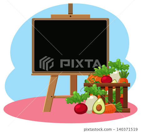 Blank Blackboard with Fresh Vegetables and Wooden Crate 140371519