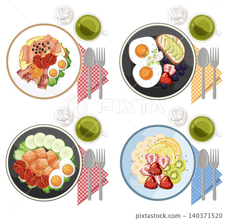 Healthy Breakfast Plates with Eggs, Fruit, and Tea Overhead Healthy Breakfast Plates with Eggs, Fruit, and Tea Overhead 140371520