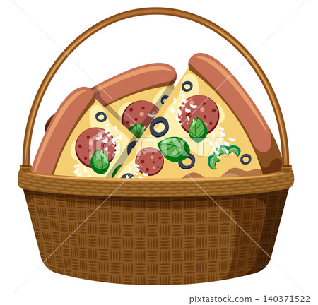 Pizza Slices in Wicker Picnic Basket Illustration Pizza Slices in Wicker Picnic Basket Illustration 140371522