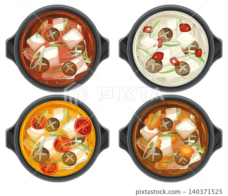 Four Varieties of Asian Hot Pot Soup in Bowls 140371525