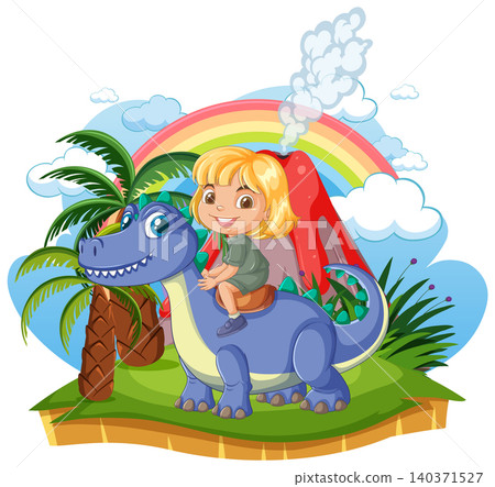 Young Girl Riding a Friendly Blue Dinosaur Near a Smoking Volcano Young Girl Riding a Friendly Blue Dinosaur Near a Smoking Volcano 140371527