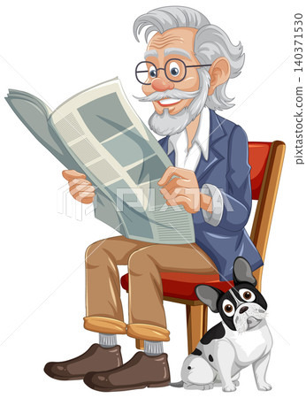 Elderly Man Reading Newspaper with French Bulldog Companion Elderly Man Reading Newspaper with French Bulldog Companion 140371530