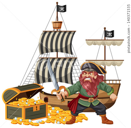 Angry Pirate Guarding Treasure Chest and Pirate Ship Angry Pirate Guarding Treasure Chest and Pirate Ship 140371535