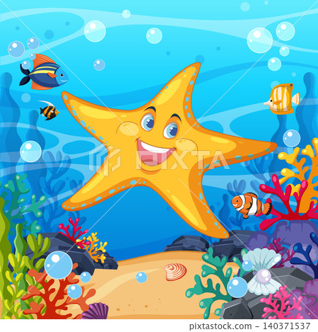 Cheerful Cartoon Starfish Swimming in a Vibrant Coral Reef Underwater Scene Cheerful Cartoon Starfish Swimming in a Vibrant Coral Reef Underwater Scene 140371537