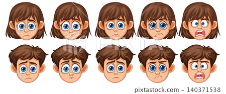Cartoon Boy and Girl Expressing Various Emotional Facial Expressions 140371538