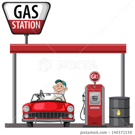 Elderly Man Refueling Classic Car at Gas Station Elderly Man Refueling Classic Car at Gas Station 140371539