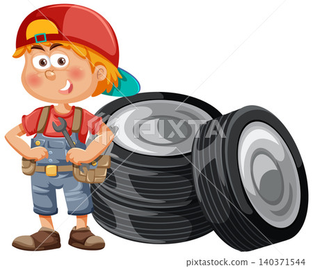 Young Mechanic Standing Beside Stack of Car Tires Young Mechanic Standing Beside Stack of Car Tires 140371544