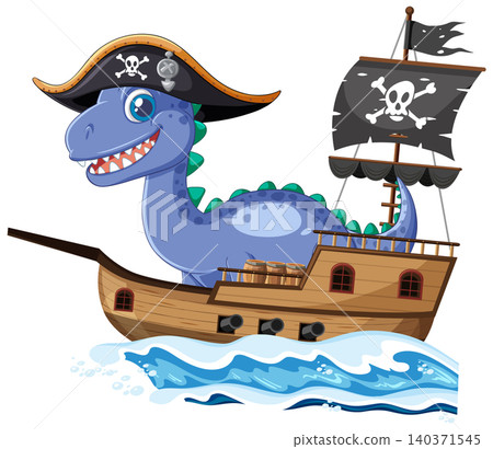 Friendly Blue Dinosaur Pirate Sailing on a Wooden Ship Over Waves Friendly Blue Dinosaur Pirate Sailing on a Wooden Ship Over Waves 140371545