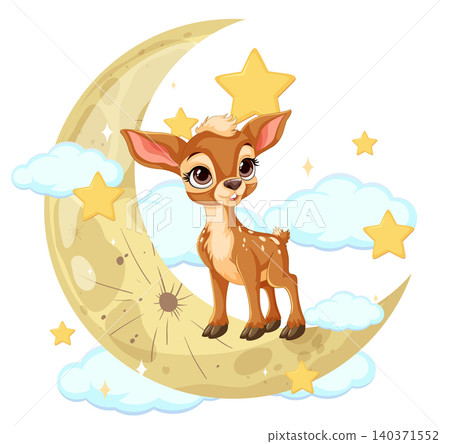 Cute Baby Deer Standing on Crescent Moon with Stars Cute Baby Deer Standing on Crescent Moon with Stars 140371552