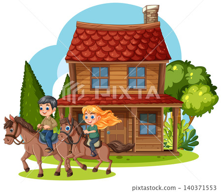 Children Riding Horses in Front of Wooden House 140371553