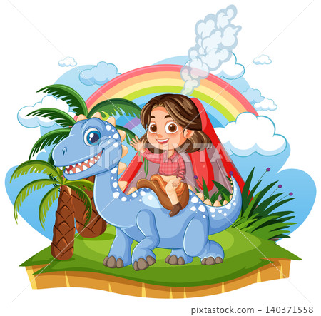 Cartoon Girl Riding a Blue Dinosaur in a Prehistoric Landscape Cartoon Girl Riding a Blue Dinosaur in a Prehistoric Landscape 140371558