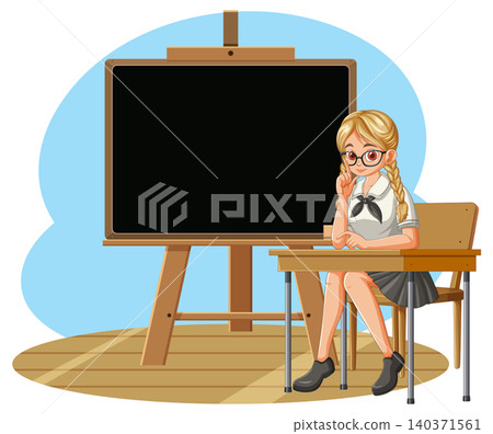 Schoolgirl Sitting at Desk Beside Blank Blackboard Schoolgirl Sitting at Desk Beside Blank Blackboard 140371561