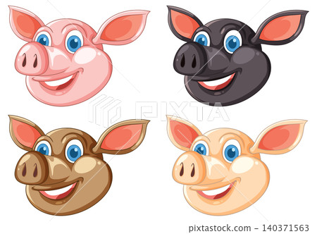 Cartoon Pig Faces in Four Distinct Colors Smiling 140371563