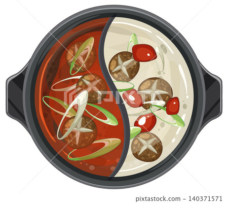 Yin Yang Hot Pot with Mushrooms and Vegetables 140371571