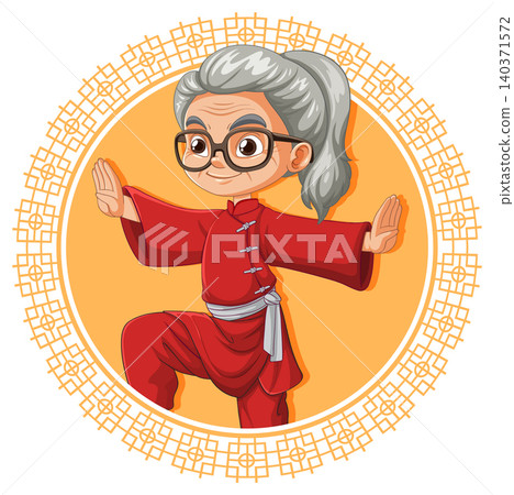 Elderly Woman Practicing Tai Chi in Red Outfit 140371572