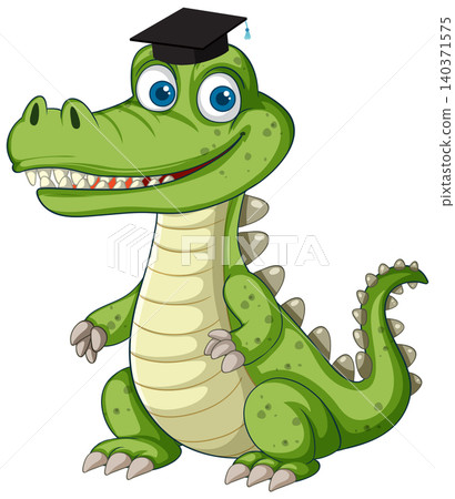 Cartoon Crocodile Character Wearing a Black Graduation Cap Illustration 140371575