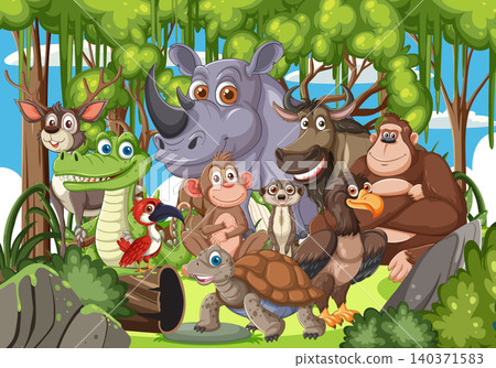 Group of Cartoon Jungle Animals in Forest Setting Group of Cartoon Jungle Animals in Forest Setting 140371583