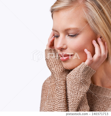 Studio, model and skincare with sweater, smile and vision with happiness and satisfaction. Woman, jersey and fashion for winter, care and treatment with comfort clothes or cardigan with style Studio, model and skincare with sweater, smile and vision with happiness and satisfaction. Woman, jersey and fashion for winter, care and treatment with comfort clothes or cardigan with style 140371713