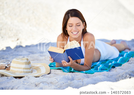 Relax, beach and woman reading a book, summer and weekend break with travelling and vacation. Person, seaside and girl with literature or hobby with holiday or freedom with novel or story with nature Relax, beach and woman reading a book, summer and weekend break with travelling and vacation. Person, seaside and girl with literature or hobby with holiday or freedom with novel or story with nature 140372083