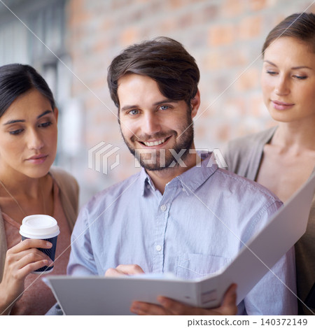 Portfolio, teamwork or portrait of employees in office for planning, partnership or conversation. Man, women or people in meeting for business, collaboration and speaking of file or reading folder Portfolio, teamwork or portrait of employees in office for planning, partnership or conversation. Man, women or people in meeting for business, collaboration and speaking of file or reading folder 140372149