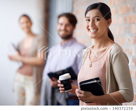 Businesswoman, coffee and portrait with smile by office building with colleagues, teamwork and collaboration. Professional people, work and face of woman with happiness for startup, job and career Businesswoman, coffee and portrait with smile by office building with colleagues, teamwork and collaboration. Professional people, work and face of woman with happiness for startup, job and career 140372159