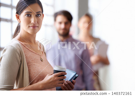 Coffee, building and portrait of businesswoman by office with colleagues, collaboration and teamwork. Professional people, work and face of woman with confidence for career, job and startup company Coffee, building and portrait of businesswoman by office with colleagues, collaboration and teamwork. Professional people, work and face of woman with confidence for career, job and startup company 140372161