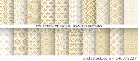 Geometric floral set of seamless patterns. White and golden vector backgrounds. Damask graphic ornaments Geometric floral set of seamless patterns. White and golden vector backgrounds. Damask graphic ornaments 140372227