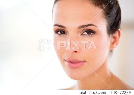 Skincare, beauty and portrait of woman in home with mockup space, relax and luxury skin treatment. Dermatology, cosmetics and face of confident girl in apartment with natural makeup, wellness or glow Skincare, beauty and portrait of woman in home with mockup space, relax and luxury skin treatment. Dermatology, cosmetics and face of confident girl in apartment with natural makeup, wellness or glow 140372289
