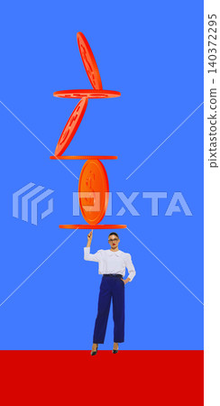 Businesswoman balancing stack of dollar coins on blue and red background 140372295