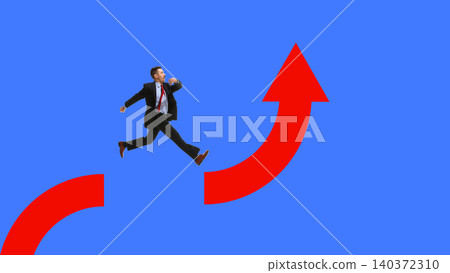 Businessman jumping between red growth arrows on blue background. Businessman jumping between red growth arrows on blue background. 140372310