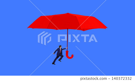 Tiny businessman holding giant red umbrella on blue background. Tiny businessman holding giant red umbrella on blue background. 140372332