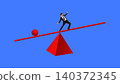 Businessman balancing on red seesaw with sphere on blue background. 140372345