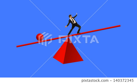 Businessman balancing on red seesaw with sphere on blue background. Businessman balancing on red seesaw with sphere on blue background. 140372345