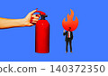Fire extinguisher with tiny businessman facing flame on blue background. 140372350